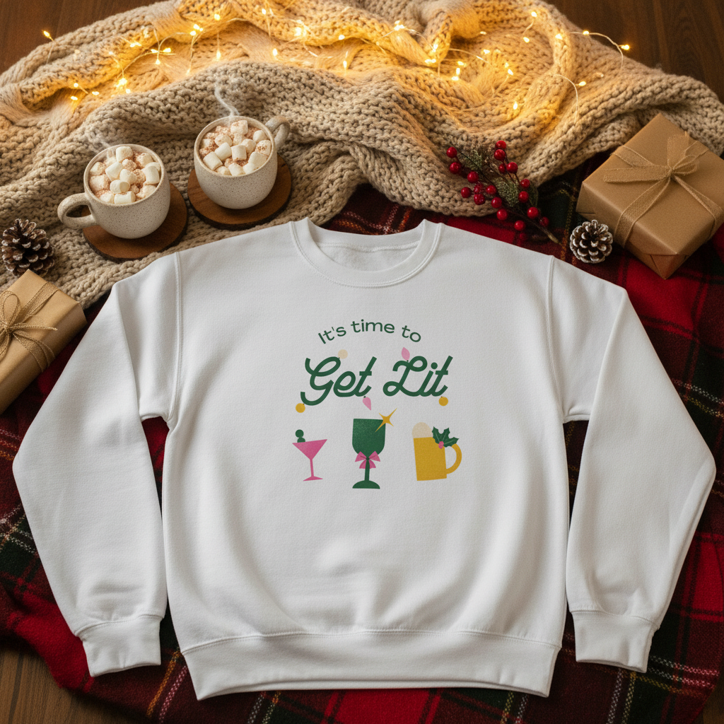 Festive Scene with Hot Cocoa and It's Time to Get Lit Sweatshirt