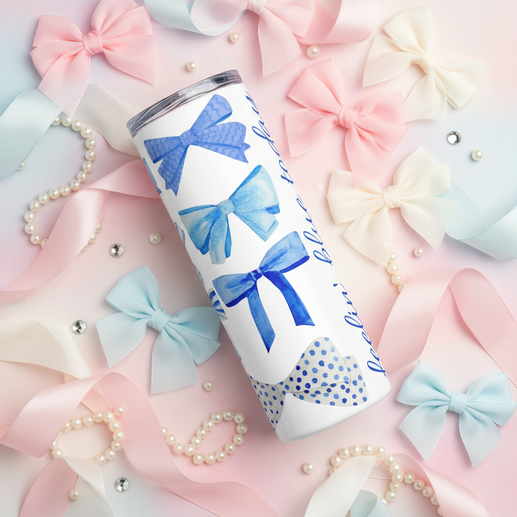 Rotated Tumbler Showing Bow Print with Girly Background